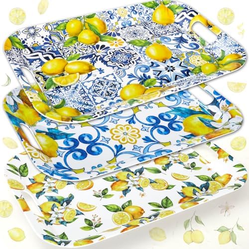 3Pcs Capri Lemon Serving Trays Summer Blue Tile Yellow Lemon Platter with Handles Reusable Serving Dishes for