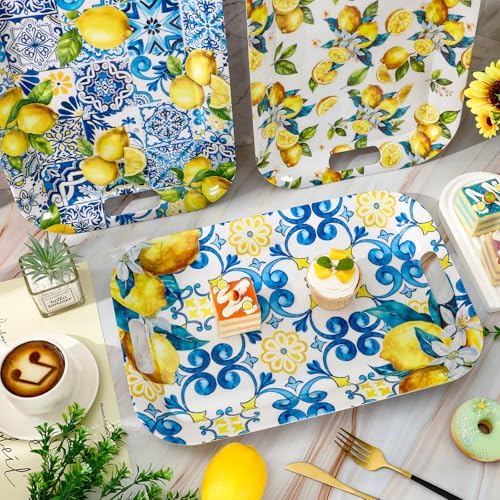 3Pcs Capri Lemon Serving Trays Summer Blue Tile Yellow Lemon Platter with Handles Reusable Serving Dishes for, alternate view