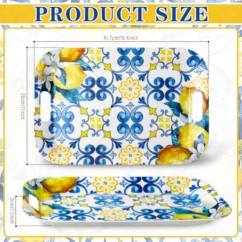 3Pcs Capri Lemon Serving Trays Summer Blue Tile Yellow Lemon Platter with Handles Reusable Serving Dishes for, alternate view