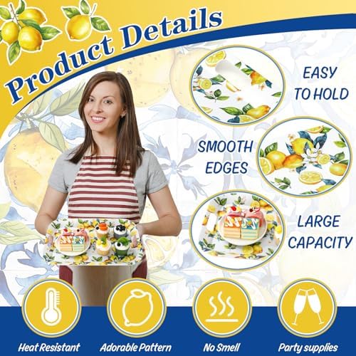 3Pcs Capri Lemon Serving Trays Summer Blue Tile Yellow Lemon Platter with Handles Reusable Serving Dishes for, alternate view