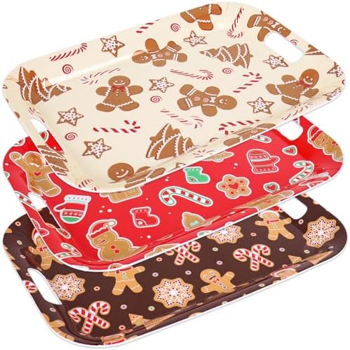 3Pcs Christmas Serving Trays 16.4 x 11 Inch Red Gingerbread Man Candy Cane Platter with Handles Reusable Serving