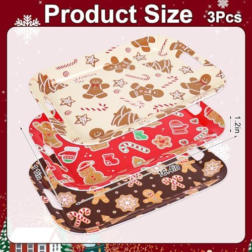 3Pcs Christmas Serving Trays 16.4 x 11 Inch Red Gingerbread Man Candy Cane Platter with Handles Reusable Serving, alternate