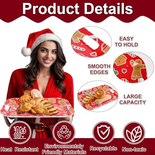 3Pcs Christmas Serving Trays 16.4 x 11 Inch Red Gingerbread Man Candy Cane Platter with Handles Reusable Serving, alternate