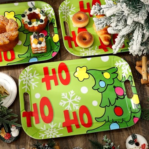 3Pcs Christmas Serving Trays 16.4 x 11 Inch Xmas Tree HOHOHO Snowflake Platter with Handles Reusable Green, alternate view 2