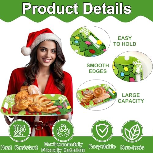 3Pcs Christmas Serving Trays 16.4 x 11 Inch Xmas Tree HOHOHO Snowflake Platter with Handles Reusable Green, alternate view 4