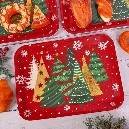 3Pcs Christmas Serving Trays Reusable Serving Dishes Gold Green Xmas Tree Snowflake Platter for Winter Party, alternate view
