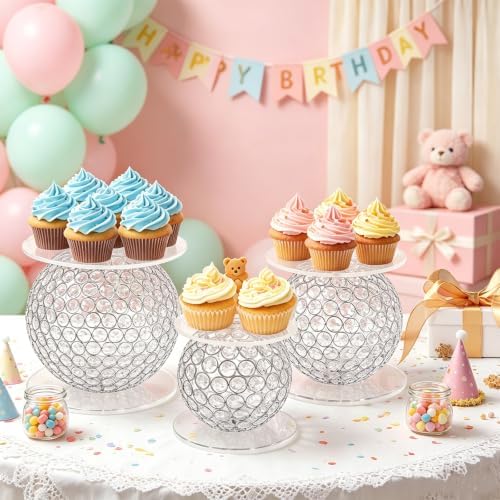 3PCS Clear Acrylic Cake Stand Sets Ball Cupcake Dessert Display Stand in Clear