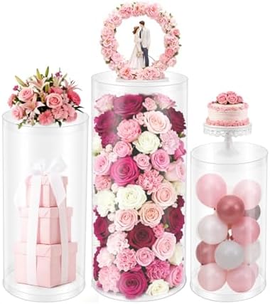 3Pcs Clear Cylinder Pedestal Stands for Party & Cake Stand, Clear Acrylic Round Pedestal Display Stand Plinth