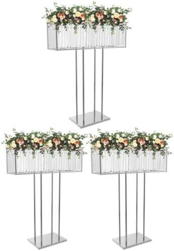 3pcs Crystal Vases for Centerpieces, 35.4 in Tall Metal Square Vase Stand in Silver