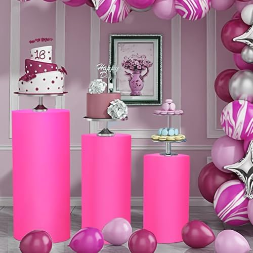3pcs Cylinder Pedestal Covers for Birthday Party Decor, Fuchsia in Fushia, alternate view 5