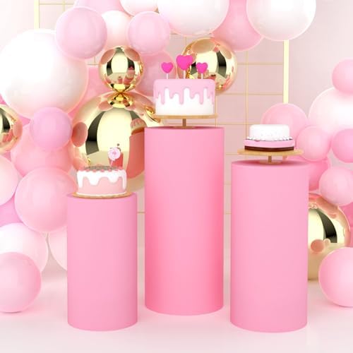 3pcs Cylinder Pedestal Covers for Birthday Party Decor, Pink in Pink, alternate view 2
