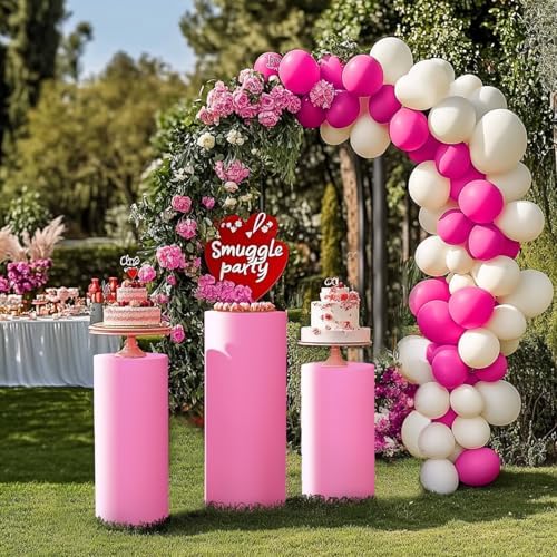 3pcs Cylinder Pedestal Covers for Birthday Party Decor, Pink in Pink, alternate view 4