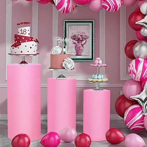 3pcs Cylinder Pedestal Covers for Birthday Party Decor, Pink in Pink, alternate view 6