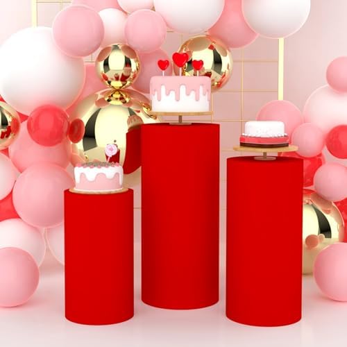 3pcs Cylinder Pedestal Covers for Birthday Party Decor, Red in Red
