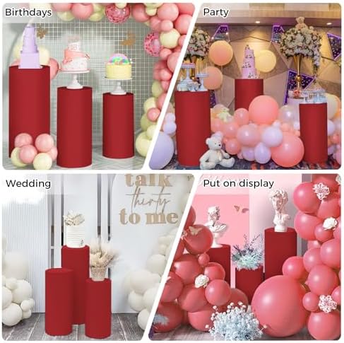 3pcs Cylinder Pedestal Covers for Birthday Party Decor, Red in Red, alternate view 4
