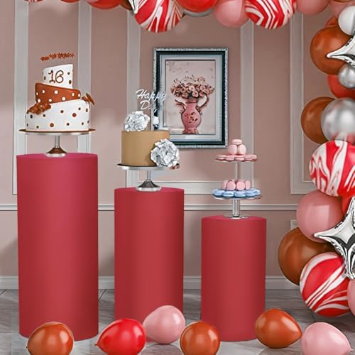 3pcs Cylinder Pedestal Covers for Birthday Party Decor, Red in Red, alternate view 6