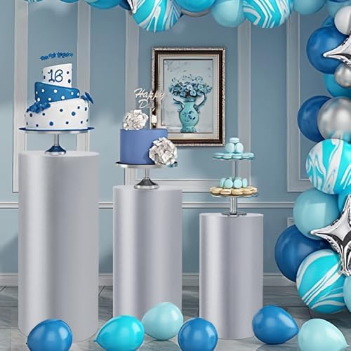 3pcs Cylinder Pedestal Covers for Birthday Party Decor, Silver in Sliver, alternate view 4