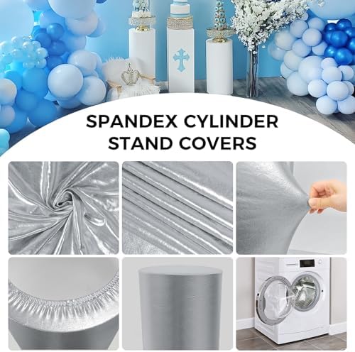 3pcs Cylinder Pedestal Covers for Birthday Party Decor, Silver in Sliver, alternate view 6
