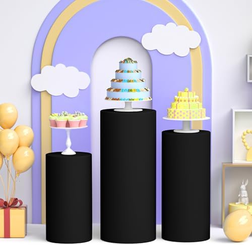 3Pcs Cylinder Pedestal Stand Covers, Black Spandex Stretch Fit in 3 Sizes(23in,29in,35in) in Black, alternate view 3