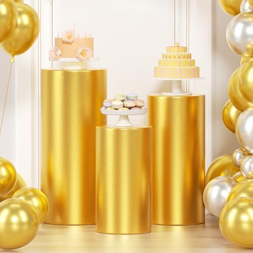 3Pcs Cylinder Pedestal Stand Covers, Gold Spandex Stretch Fit in Sizes(23in,29in,35in) in Gold
