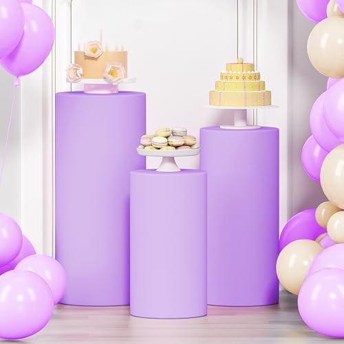 3Pcs Cylinder Pedestal Stand Covers, Purple Spandex Stretch Fit in 3 Sizes(23in,29in,35in) in Purple