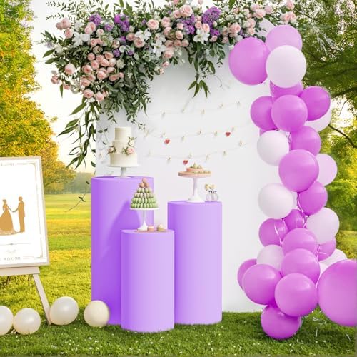 3Pcs Cylinder Pedestal Stand Covers, Purple Spandex Stretch Fit in 3 Sizes(23in,29in,35in) in Purple, alternate view 5