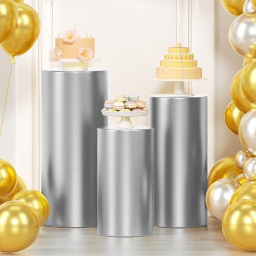 3Pcs Cylinder Pedestal Stand Covers, Sliver Spandex Stretch Fit in Sizes(23in,29in,35in) in Sliver