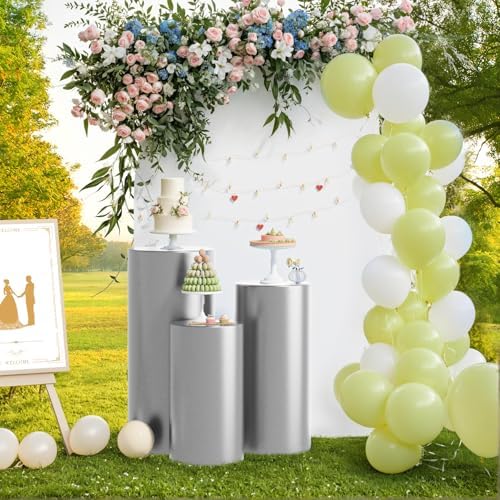 3Pcs Cylinder Pedestal Stand Covers, Sliver Spandex Stretch Fit in Sizes(23in,29in,35in) in Sliver, alternate view 5