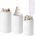 3Pcs Cylinder Pedestal Stands for Party with White Spandex Covers in White