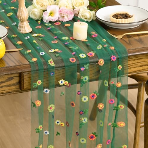 3PCS Dark Green Embroidery Daisy Gauze Table Runner 120 Inch