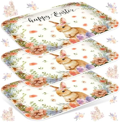3Pcs Easter Serving Trays 13 x 10 Inch Watercolor Bunny Egg Flower Platter Vintage Spring Rabbit Serving Dishes