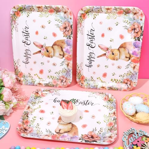 3Pcs Easter Serving Trays 13 x 10 Inch Watercolor Bunny Egg Flower Platter Vintage Spring Rabbit Serving Dishes, alternate