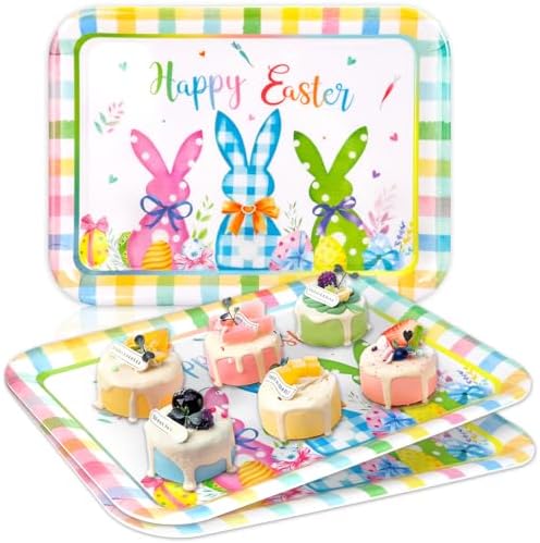 3Pcs Easter Serving Trays Reusable Serving Dishes Watercolor Pastel Plaid Rabbit Egg Platter for Spring Party