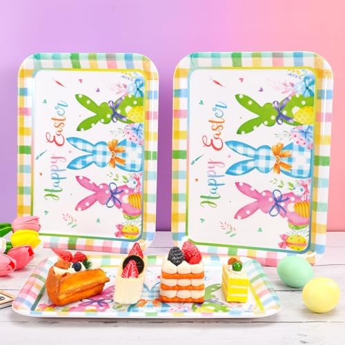 3Pcs Easter Serving Trays Reusable Serving Dishes Watercolor Pastel Plaid Rabbit Egg Platter for Spring Party, alternate view