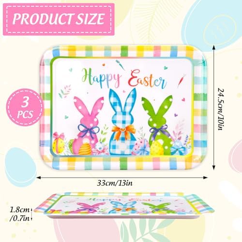 3Pcs Easter Serving Trays Reusable Serving Dishes Watercolor Pastel Plaid Rabbit Egg Platter for Spring Party, alternate view