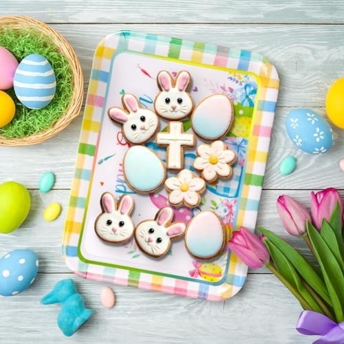 3Pcs Easter Serving Trays Reusable Serving Dishes Watercolor Pastel Plaid Rabbit Egg Platter for Spring Party, alternate view
