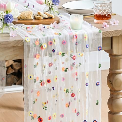 3PCS Embroidery Daisy Gauze Table Runner 120 Inch 10FT in 28" x 120", 3pc in Ivory