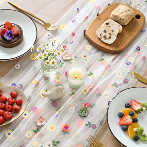 3PCS Embroidery Daisy Gauze Table Runner 120 Inch 10FT in 28" x 120", 3pc in Ivory, alternate view 3