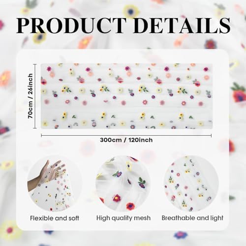 3PCS Embroidery Daisy Gauze Table Runner 120 Inch 10FT in 28" x 120", 3pc in Ivory, alternate view 6