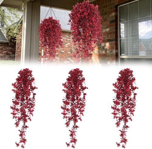 3Pcs Fake Fall Flowers Artificial Hanging Plants Silk Flowers in Hang Wine Red