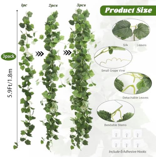 3Pcs Fake Vines Artificial Grape Leaves Ivy Greenery Garland 5.9FT, alternate view 3