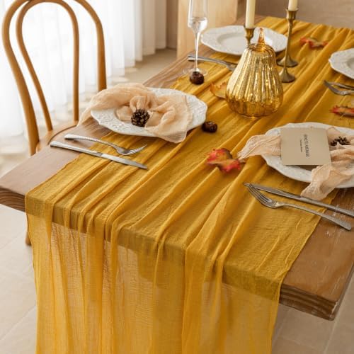 3Pcs Fall Golden Cheesecloth Table Runner 120 Inch Party Home Decor, alternate view 2