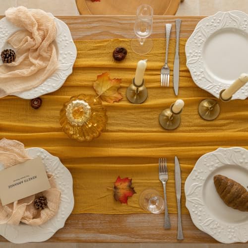 3Pcs Fall Golden Cheesecloth Table Runner 120 Inch Party Home Decor, alternate view 3