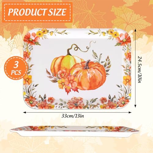 3Pcs Fall Serving Tray, Watercolor Floral Pumpkin, 10 x 13 in in Orange, alternate view 3