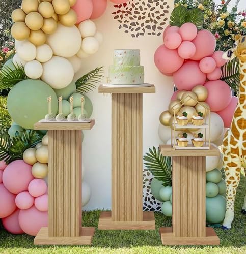 3Pcs Fluted Square Pedestal Display Stands for Party Decor, Oak in Wood Color