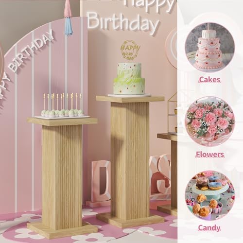 3Pcs Fluted Square Pedestal Display Stands for Party Decor, Oak in Wood Color, alternate view 4
