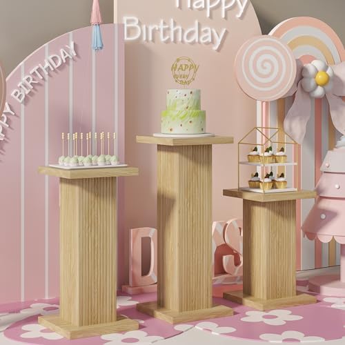 3Pcs Fluted Square Pedestal Display Stands for Party Decor, Oak in Wood Color, alternate view 5