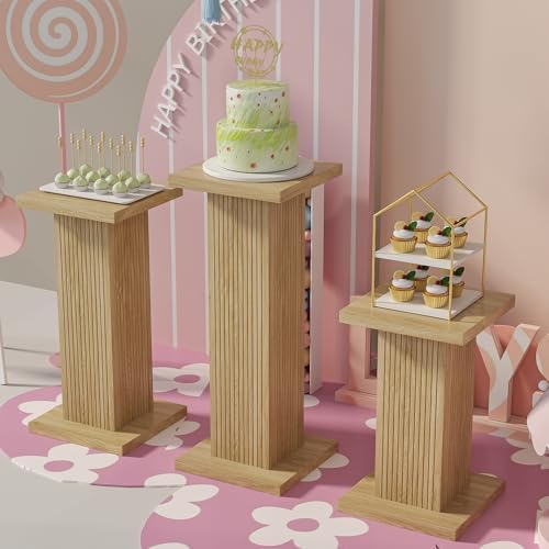 3Pcs Fluted Square Pedestal Display Stands for Party Decor, Oak in Wood Color, alternate view 6