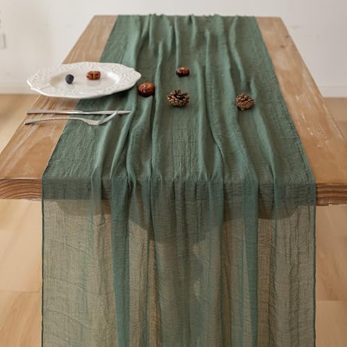 3Pcs Forest Green Cheesecloth Table Runner 120 Inches for Party Home Decor, alternate view 3