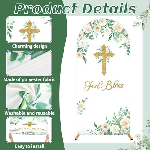 3Pcs God Bless Backdrop Cover Baptism Backdrop Cover for Round Top Arch First Holy Communion Arch Party Decor, alternate view